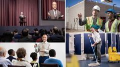 Collage: An elder participating in different activities. 1. He gives a talk at a regional convention. 2. He works at a Kingdom Hall construction project and gives direction to another brother. 3. He conducts a meeting for field service. 4. He mops a restroom floor at the Kingdom Hall.