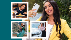Collage: Pictures of a young sister that she intends to post on social media. 1. She is taking a selfie. 2. She is posing with the meal she ordered at a restaurant. 3. She is taking a selfie while on vacation. 4. She is posing in front of an expensive new car.