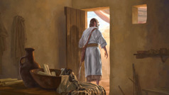 The apostle Paul walking out of a house with only a satchel and a walking stick. He leaves behind many personal items.