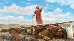 Golijat leži na zemlji s kamenom u čelu. David stoji iznad Golijata, u jednoj ruci drži praćku dok drugu podiže i hvali Jehovu.