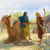 Abraham pomaga Sarze zejść z wielbłąda. Na dalszym planie kilkoro sług wykonuje codzienne zajęcia.