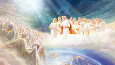 Jesus in the heavens. Next to him stand some of his corulers. Together they look at a vast number of angels. Some angels are going toward the earth to carry out their assignments.