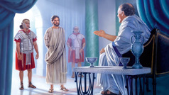 Pôncio Pilatos sentado interrogando Jesus, que está cercado e sendo vigiado por dois soldados romanos.