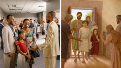 סדרת תמונות:‏ 1.‏ יוסף,‏ מרים וילדיהם מגיעים לבית הכנסת.‏ אחרים מקרב עם ישראל מקבלים אותם בברכה.‏ 2.‏ הורים ובתם מגיעים לאולם המלכות.‏ אח מקבל אותם בברכה.‏