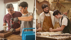 סדרת תמונות:‏ 1.‏ יוסף מלמד את ישוע כיצד להשתמש בכלי נגרות.‏ 2.‏ אב מלמד את בנו כיצד להשתמש במקדחה.‏