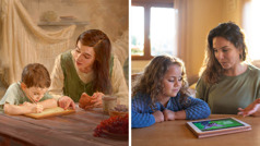 Collage: 1. Mary helps young Jesus to write a copy of a scripture onto a tablet. 2. A mother uses a publication designed for children to teach her daughter about God’s Word.