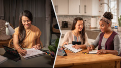 Collage: 1. The sister prepares the study lesson in advance. 2. Later, the sister helps the student identify which points to highlight in her publication.