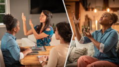 Collage: 1. The sister prays before beginning the study session with the student. 2. Later, the Bible student prays on her own.