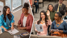 Collage: 1. The sister uses a ‘Watchtower,’ a video, and a meeting invitation to explain to the student how our meetings are conducted. 2. The sister comments during the ‘Watchtower’ Study. Her student sits next to her and observes intently.