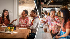 Collage: 1. The sister featured in the previous article conducts a Bible study with her student. She makes large gestures and her Bible is facedown on the table. An older sister sits in, and both she and the student look confused. 2. Later, at a café, the sister listens as the experienced teacher offers suggestions on how she can improve her teaching.