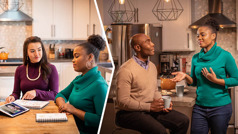 Collage: 1. The sister shows her Bible student a video of a real-life example. 2. The Bible student explains her new beliefs to her husband.