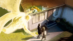 Anđeo vodi dvoje Svedoka koji su u službi propovedanja prema jednoj kući. Unutra se jedan čovek moli.