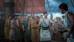 Paulo e outros prisioneiros estão de pé no convés de um navio. Um oficial do exército romano os protege de outro soldado que está segurando um punhal.