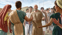 O prisioneiro Paulo chega acompanhado de soldados. Irmãos de Roma vêm cumprimentá-lo.