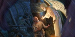 An angel assuring Paul aboard a ship during a heavy storm.