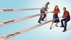 An older brother, a sister, and a young brother each pulling on a separate rope. The ropes are labeled ‘nostalgia,’ ‘resentment,’ and ‘excessive guilt’.