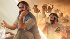 رجل اسرائيلي يتذكر الماضي في مصر فيما المن في يده:‏ ١-‏ يأكل البطيخ.‏ ٢-‏ يعمل هو وبعض الاسرائيليين فيما يعاملهم المصريون بقسوة.‏