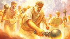 Jezus i niektórzy zmartwychwstali pomazańcy z żelaznymi berłami w rękach.
