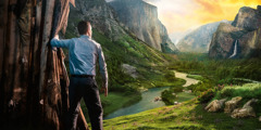 한 남자가 지저분하고 낡은 커튼을 걷자 그 너머로 산과 강과 깨끗한 땅의 아름다운 풍경이 펼쳐지는 모습