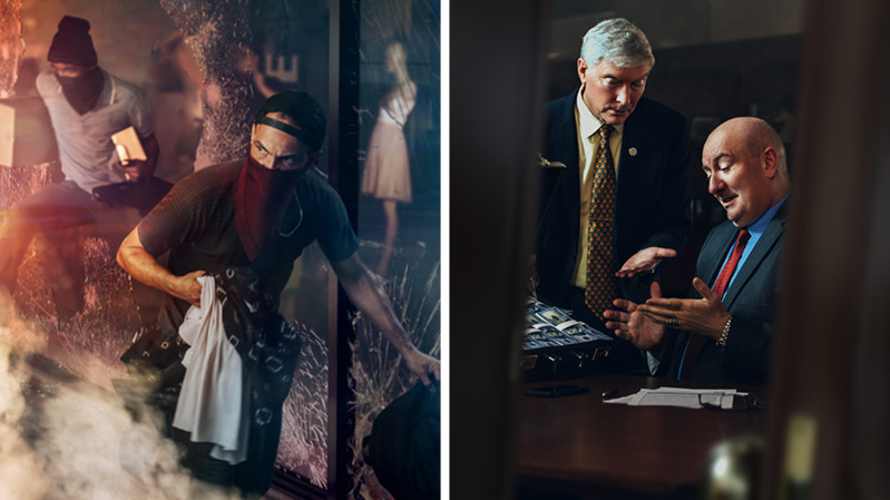 Κολάζ: 1. Κουκουλοφόροι λεηλατούν κατάστημα. 2. Ένας άντρας προσφέρει σε έναν άλλον χαρτοφύλακα γεμάτο χρήματα.