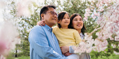 Parents with their young daughter admiring the blossoms on a cherry tree.