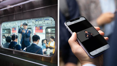 사진 모음: 1. 한 남자가 지하철에서 스마트폰을 보고 있다. 2. 그 남자의 스마트폰에 성경이 띄워져 있다.