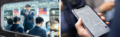 Collage: 1. Een man staat in de metro iets van zijn smartphone te lezen. 2. Op de smartphone van de man is de Bijbel te zien.