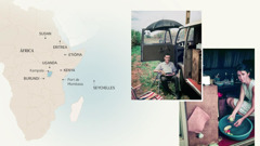 Collage: 1) Un mapa de l’Àfrica amb algunes zones marcades on va servir el germà Hardy. 2) L’Stephen assegut en una cadira plegable al costat de la seva caravana. 3) La Barbara, la primera dona de l’Stephen, rentant unes verdures en una palangana de plàstic.