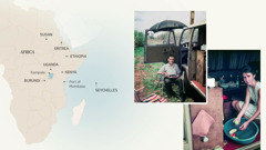 Collage: 1. A map of Africa shows some of the locations where Stephen Hardy served. 2. Stephen sits on a folding chair outside his van. 3. Barbara, Stephen’s first wife, washes vegetables in a plastic basin.