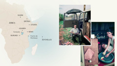 Serie de imágenes: 1. Mapa de África que muestra algunos de los lugares donde sirvió Stephen Hardy. 2. Stephen sentado en una silla plegable junto a su furgoneta. 3. Barbara, la primera esposa de Stephen, lavando unas verduras en un recipiente de plástico.