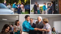 Collage: 1. The Bible study conductor, his wife, and the Bible student greet a couple in the parking lot of the Kingdom Hall. 2. Two brothers greet the student at the entrance of the Kingdom Hall. 3. Inside the Kingdom Hall, the student is introduced to another couple who are happy to meet him.