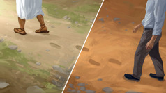 סדרת תמונות:‏ 1.‏ ישוע משאיר טביעות רגל על האדמה בזמן שהוא הולך.‏ 2.‏ אדם בתקופתנו צועד על טביעות הרגל שהשאיר ישוע.‏