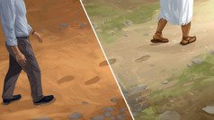 Collage: 1. Jesus leaves footprints on the ground as he walks. 2. A modern man steps on the footprints that Jesus left.