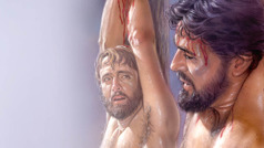 Jesus am Marterpfahl. Einer der Verbrecher neben ihm sieht ihn an.