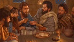 Ο Ιησούς σπάει ένα κομμάτι ψωμί και το δίνει στους αποστόλους του καθώς είναι πλαγιασμένοι στο τραπέζι.