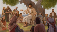Jesus speaking to a crowd of people.