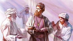 O rei Uzias segura um incensário enquanto o sumo sacerdote e outros sacerdotes tentam impedi-lo.