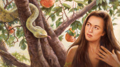 Eva presta atenção, enquanto o Diabo usa uma serpente para falar com ela de uma árvore.