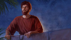 O rei David, à noite, está no seu terraço a olhar para baixo.