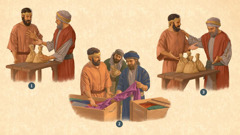 Ensemble d’illustrations : 1) Un serviteur reçoit de son maître deux sacs remplis d’argent. 2) Le serviteur négocie avec des marchands de tissus de grande qualité. 3) Le serviteur apporte quatre sacs d’argent à son maître.