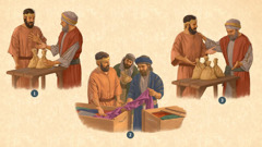Collage: 1. En slav får två pengapåsar av sin herre. 2. Slaven förhandlar med köpmän som säljer fina tyger. 3. Slaven har med sig fyra pengapåsar till sin herre.
