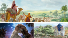 Collage: 1. Sarah rides a camel, accompanied by members of her household. 2. Jacob wrestles an angel. 3. Priests carry the ark of the covenant as they step into the rushing waters of the Jordan River.