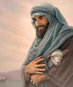 A shepherd lovingly carrying a lamb in his bosom.