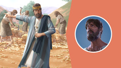 סדרת תמונות:‏ 1.‏ המלך מנשה מתחנן אל יהוה.‏ 2.‏ בהמשך,‏ מנשה מורה לפועלים להשמיד את הצלמים שהוא הציב בעבר בבית המקדש.‏