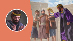 Collage: 1) El rei Acab s’humilia. 2) Temps després, ordena enrabiat als seus guàrdies que tanquen en la presó el profeta Micàiehu.