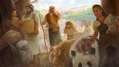 Noé e sua família entram na arca levando muitos animais e um suprimento de alimentos.