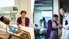 סדרת תמונות:‏ 1.‏ אחות מקשיבה בדאגה לרופא בבית חולים שמתאר את המצב הבריאותי של בעלה.‏ 2.‏ מאוחר יותר באותו יום היא מתפללת בשקט ליד מיטת בעלה.‏
