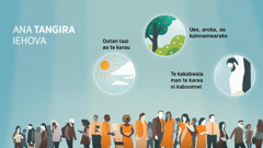 Aomata aika kakaokoro aia reeti ao aia ririki. Taamnei: Kaotan ana tangira Iehova. 1. Ootan taai ao te karau. 2. Uee, aroka, ao kainnamwarake. 3. Te kakabwaia man te karea ni kaboomwi.