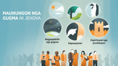 Mga surugoon ni Jehova nga iba an kolor han pagkadrowing ngan aada hira ha butnga han katawohan. Mga retrato: Kapahayagan han maunungon nga gugma ni Jehova. 1. Nagpapabilin nga gugma, nga igin-iilustrar pinaagi han tuna nga napapalibotan han bitoonon nga kalangitan. 2. Kapasayloan, nga igin-iilustrar pinaagi hin sister nga nag-aampo. 3. Espirituwal nga proteksyon, nga igin-iilustrar pinaagi hin syudad nga napapalibotan hin pader. Ha igbaw hito nga mga retrato, makikita an kapahayagan han gugma ni Jehova ha ngatanan nga tawo. 4. Sirak ngan uran. 5. Mga bukad, tanom, ngan kahoy. 6. An lukat.