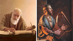 סדרת תמונות:‏ 1.‏ דוד המלך מנגן בנבל ושר.‏ 2.‏ הנביא דניאל קורא במגילה.‏